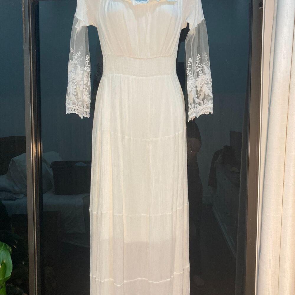 Boho off shoulder tiered maxi dress Embroidered Sheer Lace Sleeve White Size S